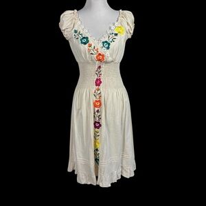 Vintage Soler Cream Midi Dress Hand Embroidered Fiesta Sundress Size S/M